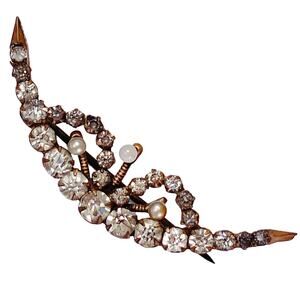 Antique Crescent Moon Brooch Rhinestone Seed Pearl Brass Victorian Edwardian